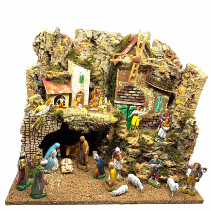 Presepe con mulino a vento funzionante e luci cm 45 x 30 x 37