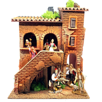 Casa Borgo con scala e luce, per statuine 10 e 12/13 cm