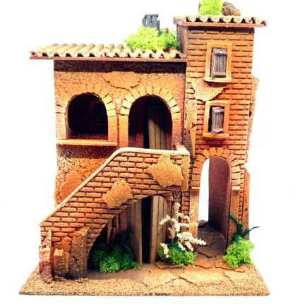 Casa Borgo con scala e luce, per statuine 10 e 12/13 cm