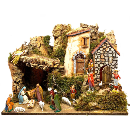 Presepe in stile popolare per statuine 10 cm completo di illuminazione