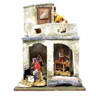 Bottega con casa presepi a due piani per statuine 10 cm