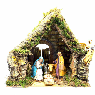 Capanna con luci e cancello rustico per statuine presepe cm 8 e 10